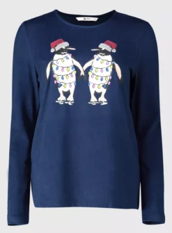 Christmas Navy Penguin Knitlook Top 10