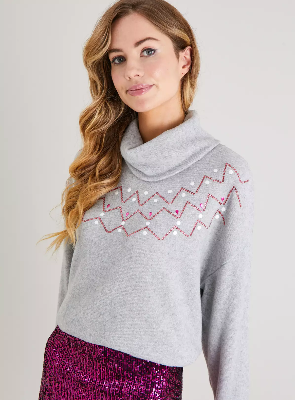 Grey Cowl Neck Zig Zag Embellished Knitlook Top 22 2 Grey Cowl Neck Zig Zag Embellished Knitlook Top 22 - Image 2