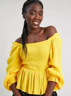 Yellow Shirred Bardot Top - 16