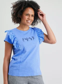 Blue Embroidered Broderie Detail T-Shirt - 14 -Fit In Dress Sales tuc141737743 Blue R Z001A
