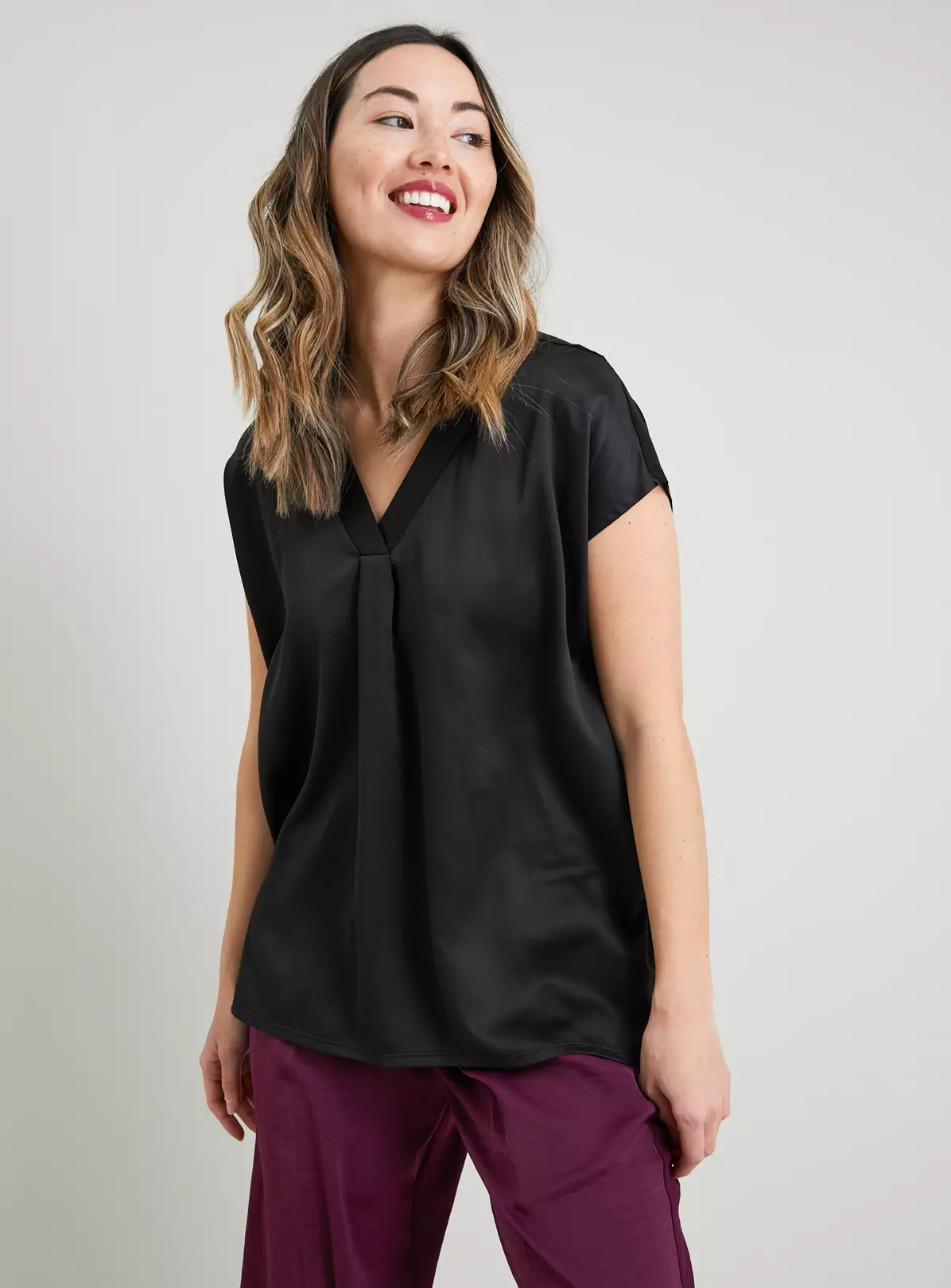 Black Satin Front V-Neck Top 20 1 Black Satin Front V-Neck Top 20