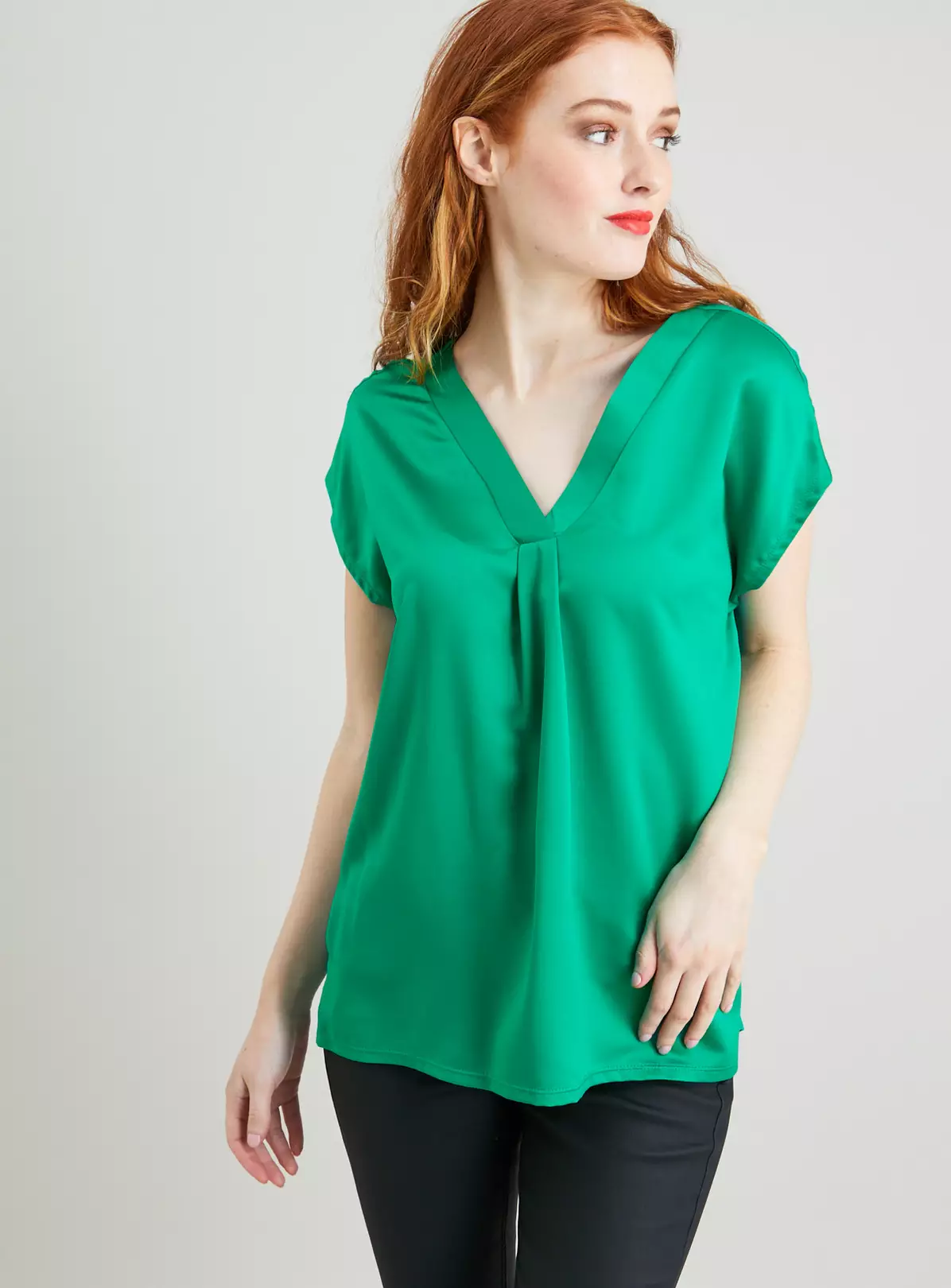 Green Satin Front V-Neck Top 24 1 Green Satin Front V-Neck Top 24