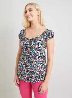 Mono Animal Floral Print Sweetheart Neck Top - 12