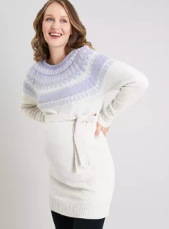MATERNITY Cream Belted Fair Isle Tunic - 16