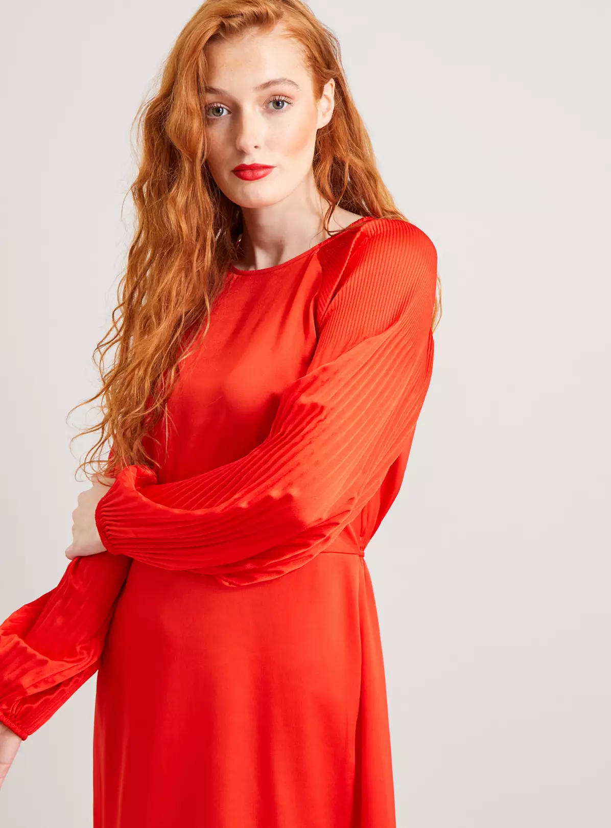 Red Satin Plissé Sleeve Midi Dress 24 2 Red Satin Plissé Sleeve Midi Dress 24 - Image 2