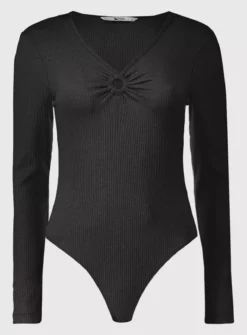 Black Ribbed Ring Detail Bodysuit - 16