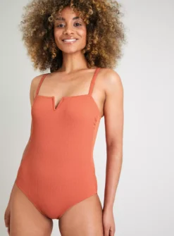 Rust V-Shape Textured Rib Swimsuit - 14