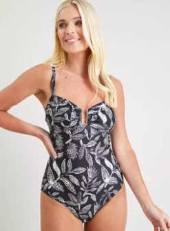 Mono Leaf Print Bandeau Swimsuit - 14 7 Mono Leaf Print Bandeau Swimsuit - 14 -Fit In Dress Sales tuc142165290 Black R Z001A