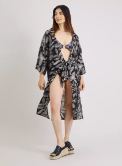 Mono Leaf Print Long Line Cover Up - XS 9 Mono Leaf Print Long Line Cover Up - XS -Fit In Dress Sales tuc142211428 Black R Z002A