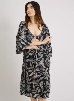 Mono Leaf Print Long Line Cover Up - XL