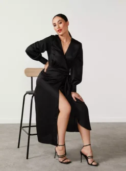 For All The Love Floaty Satin Wrap Midi Dress 18 -Fit In Dress Sales tuc142765261 Black R Z004A