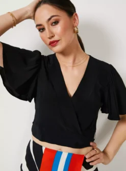 For All The Love Fluted Sleeve Wrap Front Top 18 -Fit In Dress Sales tuc142766731 Black R Z001A