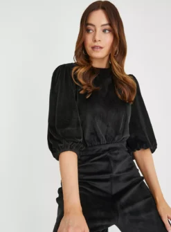 Black Velvet Puff Sleeve Jumpsuit 16