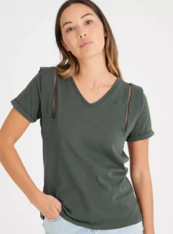 Green V-Neck Openwork T-Shirt 26 -Fit In Dress Sales tuc143247001 Khaki R Z001A