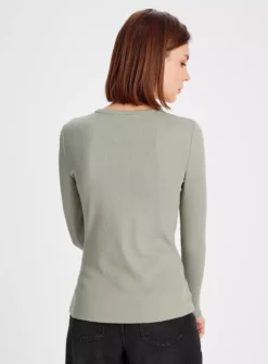 Khaki Crew Neck Ribbed Long Sleeve Top 14