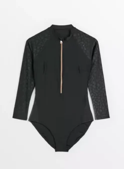 Black Zip-Through Leopard Long Sleeve Rash Suit 16 7 Black Zip-Through Leopard Long Sleeve Rash Suit 16 -Fit In Dress Sales tuc143452944 Black R Z002A
