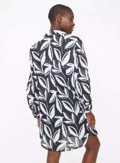 Monochrome Leaf Print Beach Shirt XL