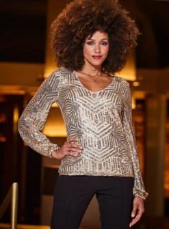 SOSANDAR Geo Sequin Blouson Sleeve Top 20 -Fit In Dress Sales tuc143698661 Gold R Z001A