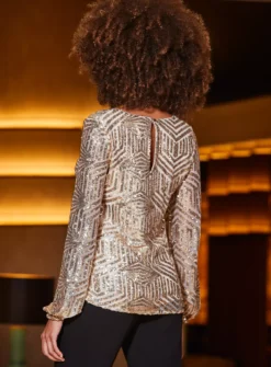 SOSANDAR Geo Sequin Blouson Sleeve Top 20 -Fit In Dress Sales tuc143698661 Gold R Z003A