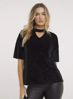 SIMPLY BE Black Multi Glitter Velour Choker Boxy Tee 16