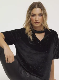 SIMPLY BE Black Multi Glitter Velour Choker Boxy Tee 16 -Fit In Dress Sales tuc143842900 Black R Z003A