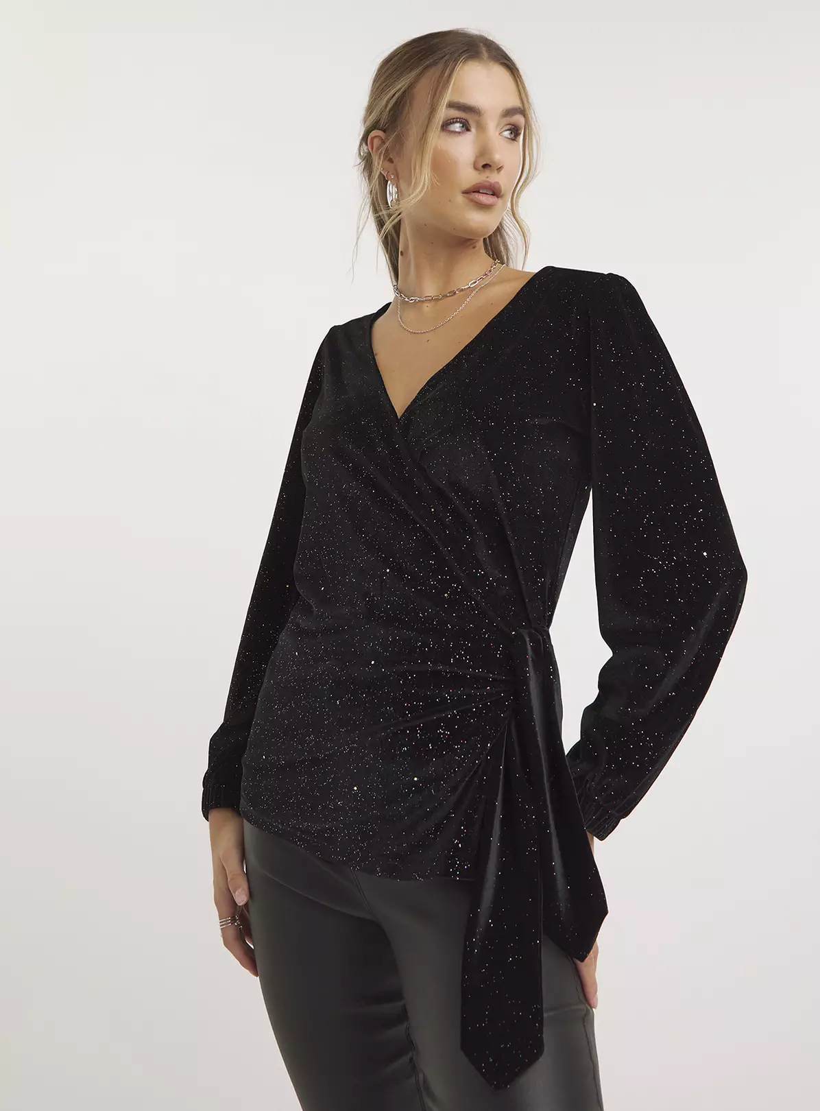 SIMPLY BE Black Multi Glitter Velour Wrap Top 10 3 SIMPLY BE Black Multi Glitter Velour Wrap Top 10 - Image 3