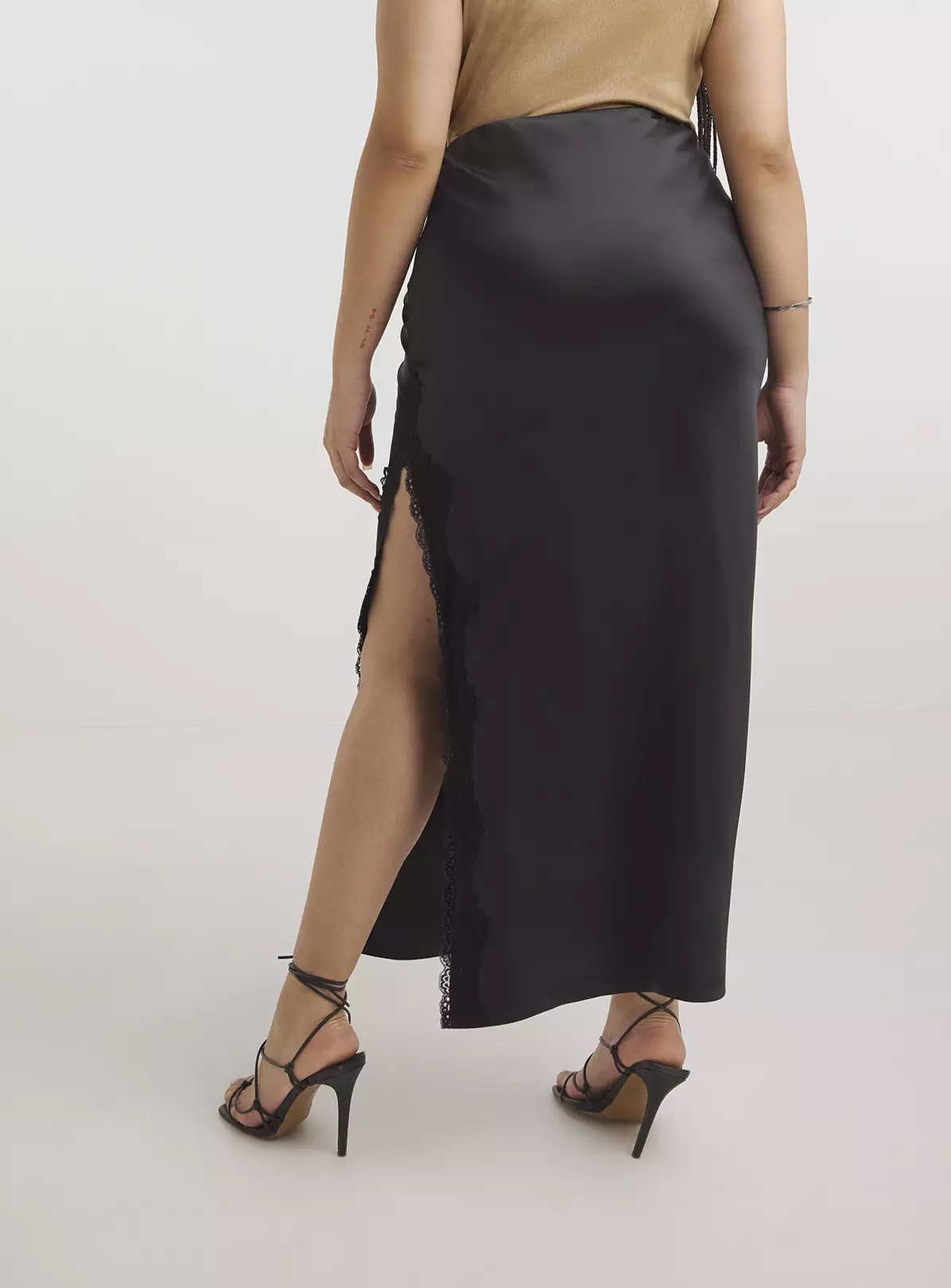 SIMPLY BE Black Satin Lace Trim Maxi Skirt 28 2 SIMPLY BE Black Satin Lace Trim Maxi Skirt 28 - Image 2