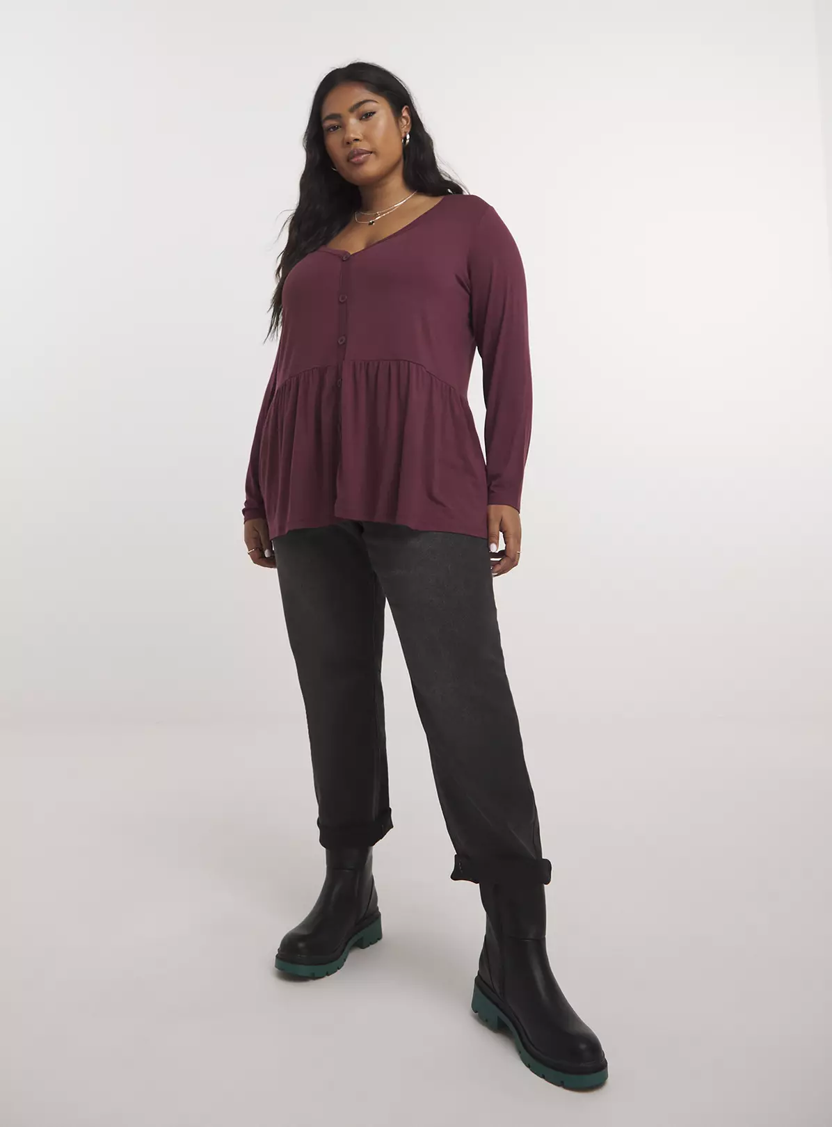 SIMPLY BE Burgundy Button Front Peplum Longline Top 20 4 SIMPLY BE Burgundy Button Front Peplum Longline Top 20 - Image 4