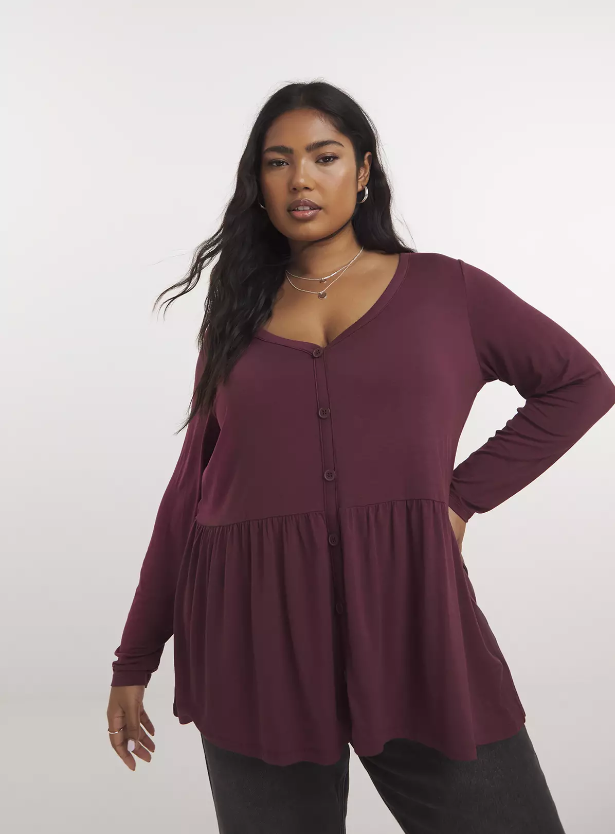 SIMPLY BE Burgundy Button Front Peplum Longline Top 20 3 SIMPLY BE Burgundy Button Front Peplum Longline Top 20 - Image 3