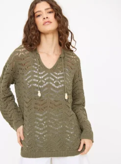 Khaki Geometric Pointelle Tunic Top 12