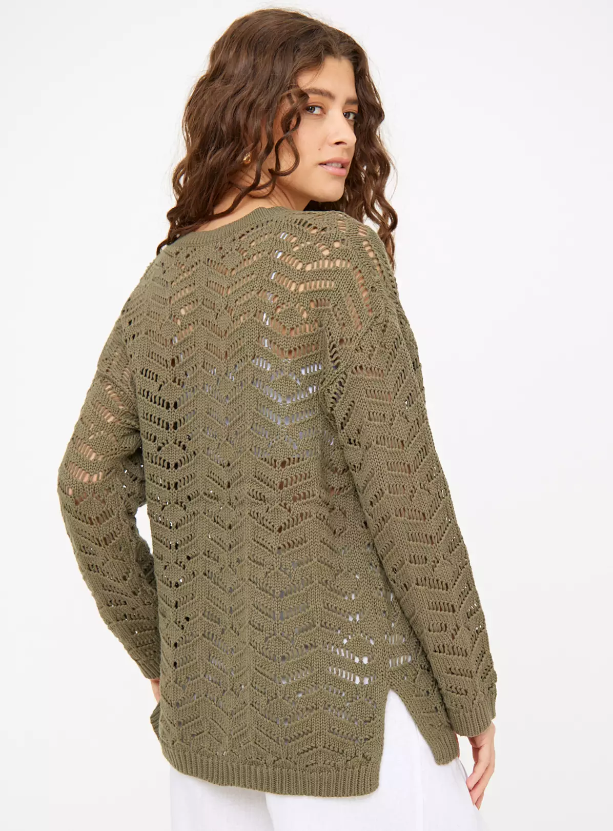 Khaki Geometric Pointelle Tunic Top 12 3 Khaki Geometric Pointelle Tunic Top 12 - Image 3