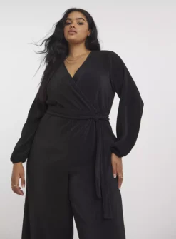 SIMPLY BE Black Wrap Jumpsuit With Belt 32