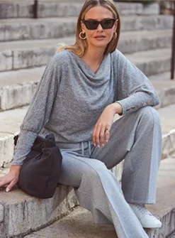 SOSANDAR Grey Cowl Neck Brushed Long Sleeve Top 8 -Fit In Dress Sales tuc144166940 Grey R Z001A