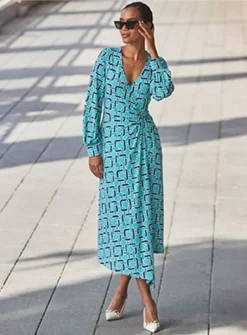 SOSANDAR Geo Print Wrap Midi Dress 18 -Fit In Dress Sales tuc144175192 Green R Z002A