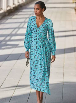 SOSANDAR Geo Print Wrap Midi Dress 18 -Fit In Dress Sales tuc144175192 Green R Z004A