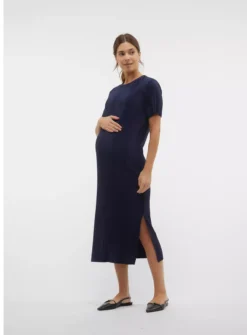 MAMALICIOUS Cana Short Sleeve Jersey Plisse Midi Dress S -Fit In Dress Sales tuc144193420 Navy R Z001A
