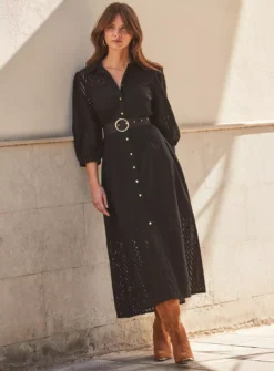 SOSANDAR Black Broderie Detail Midi Shirt Dress 16 -Fit In Dress Sales tuc144368576 Black R Z004A