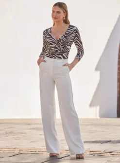 SOSANDAR Abstract Animal Print Faux Wrap Jersey Top 16