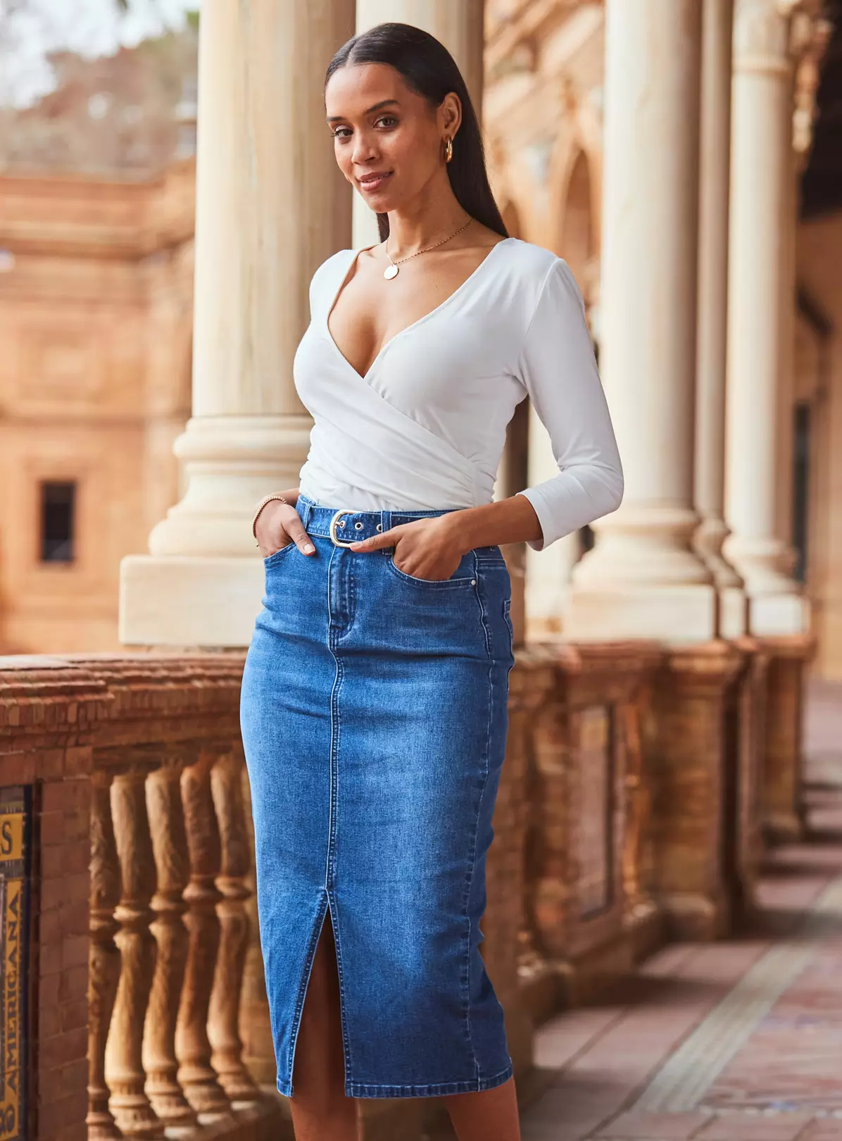 SOSANDAR Mid Blue Denim Buckle Detail Midi Skirt 20 2 SOSANDAR Mid Blue Denim Buckle Detail Midi Skirt 20 - Image 2