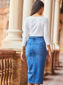 SOSANDAR Mid Blue Denim Buckle Detail Midi Skirt 20 8 SOSANDAR Mid Blue Denim Buckle Detail Midi Skirt 20 -Fit In Dress Sales tuc144371370 Blue R Z003A