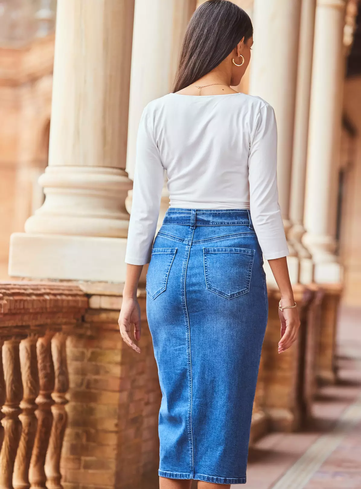 SOSANDAR Mid Blue Denim Buckle Detail Midi Skirt 20 4 SOSANDAR Mid Blue Denim Buckle Detail Midi Skirt 20 - Image 4