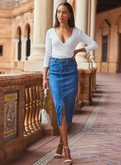 SOSANDAR Mid Blue Denim Buckle Detail Midi Skirt 20