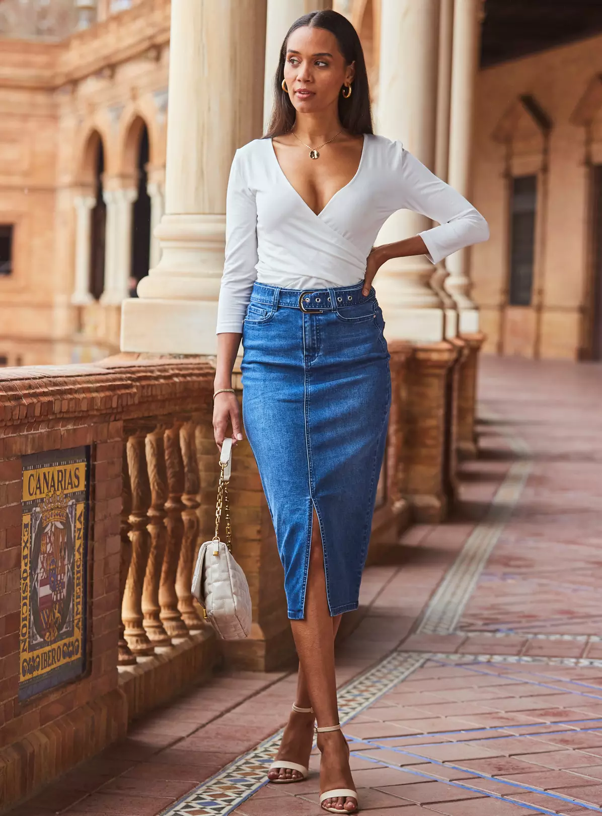 SOSANDAR Mid Blue Denim Buckle Detail Midi Skirt 20 1 SOSANDAR Mid Blue Denim Buckle Detail Midi Skirt 20