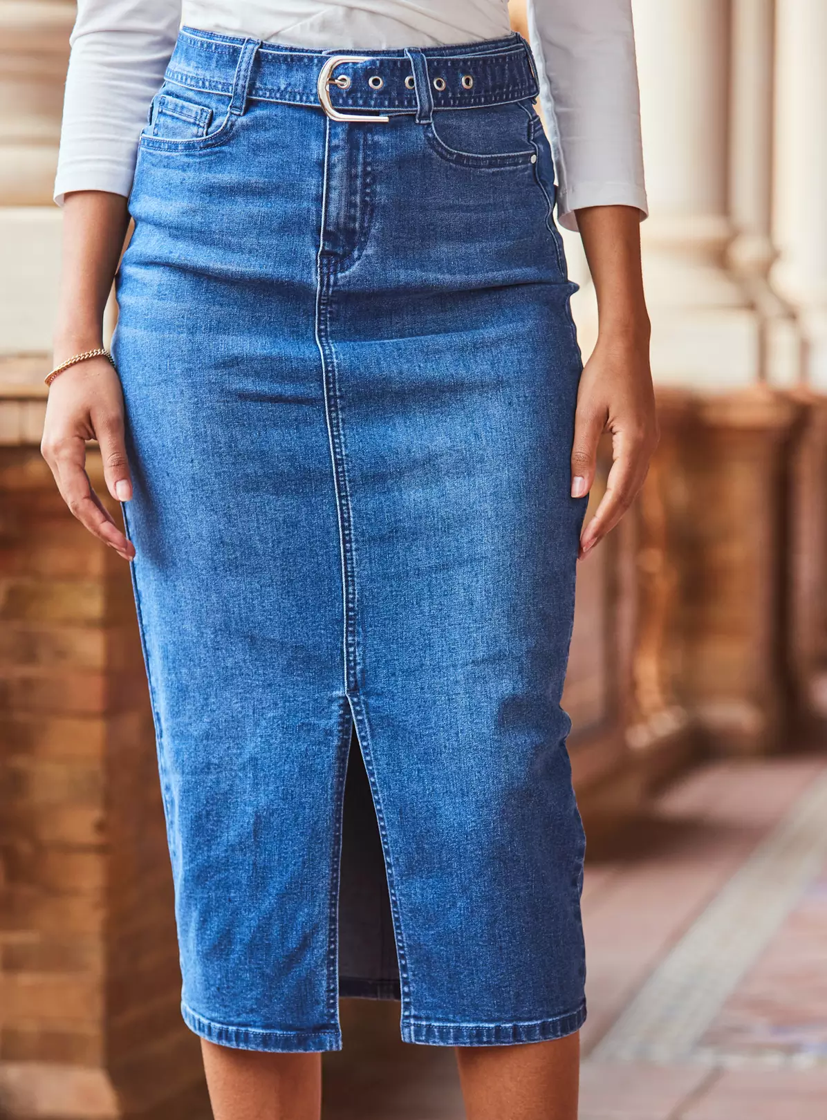 SOSANDAR Mid Blue Denim Buckle Detail Midi Skirt 20 5 SOSANDAR Mid Blue Denim Buckle Detail Midi Skirt 20 - Image 5
