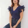 SOSANDAR Navy Blue Frill Sleeve T-Shirt 18