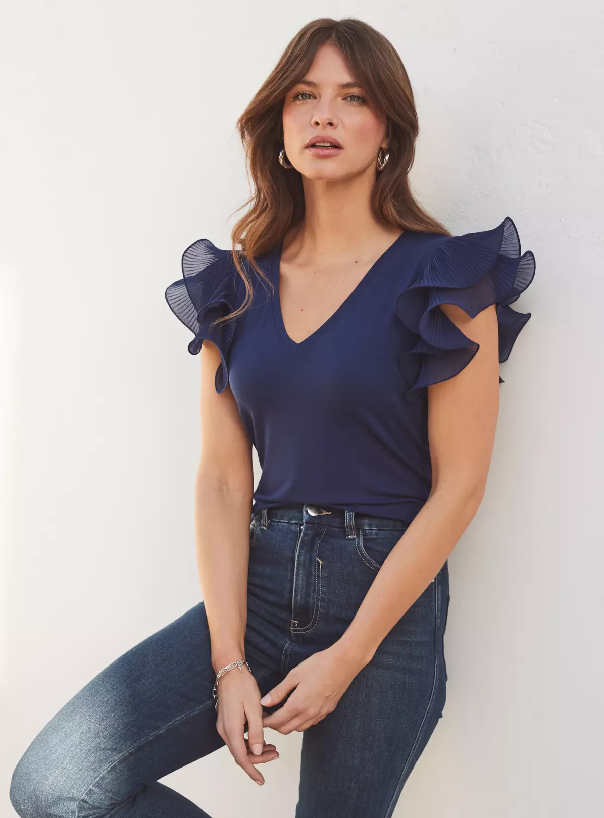 SOSANDAR Navy Blue Frill Sleeve T-Shirt 18 1 SOSANDAR Navy Blue Frill Sleeve T-Shirt 18