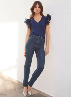 SOSANDAR Navy Blue Frill Sleeve T-Shirt 18 7 SOSANDAR Navy Blue Frill Sleeve T-Shirt 18 -Fit In Dress Sales tuc144371839 Blue R Z002A