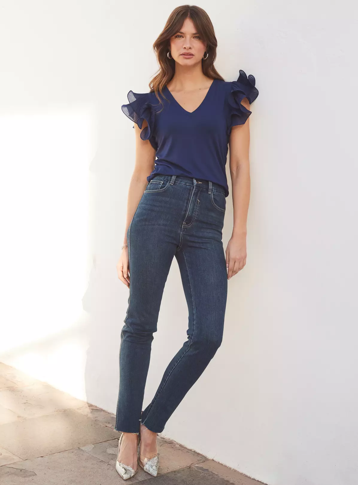 SOSANDAR Navy Blue Frill Sleeve T-Shirt 18 3 SOSANDAR Navy Blue Frill Sleeve T-Shirt 18 - Image 3