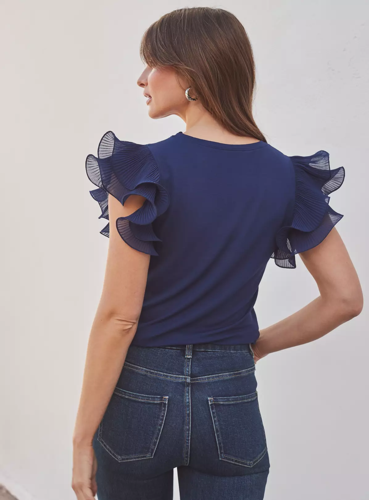 SOSANDAR Navy Blue Frill Sleeve T-Shirt 18 2 SOSANDAR Navy Blue Frill Sleeve T-Shirt 18 - Image 2
