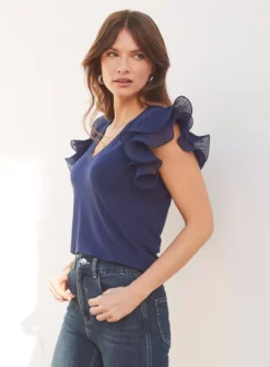 SOSANDAR Navy Blue Frill Sleeve T-Shirt 18 8 SOSANDAR Navy Blue Frill Sleeve T-Shirt 18 -Fit In Dress Sales tuc144371839 Blue R Z004A